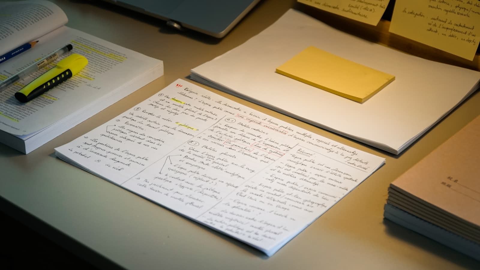 A desk with handwritten study notes, a highlighted textbook, a yellow highlighter and sticky notes