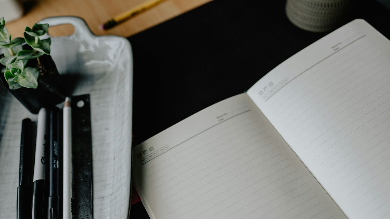 An open blank notebook on a desk beside a tray of pens, a ruler and a small succulent