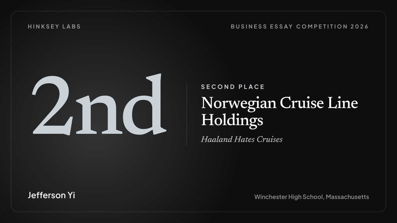 Black typographic cover card with a large silver '2nd' numeral, the words Second Place and Norwegian Cruise Line Holdings, and the name Jefferson Yi